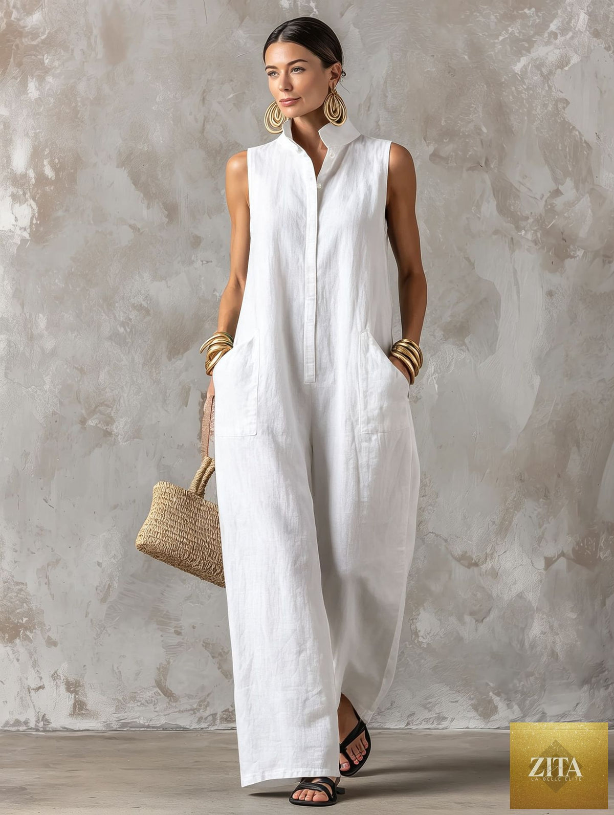 FitiqueFit linen blend sleeveless jumpsuit with stand collar, available in 5 colors, shown in size small.