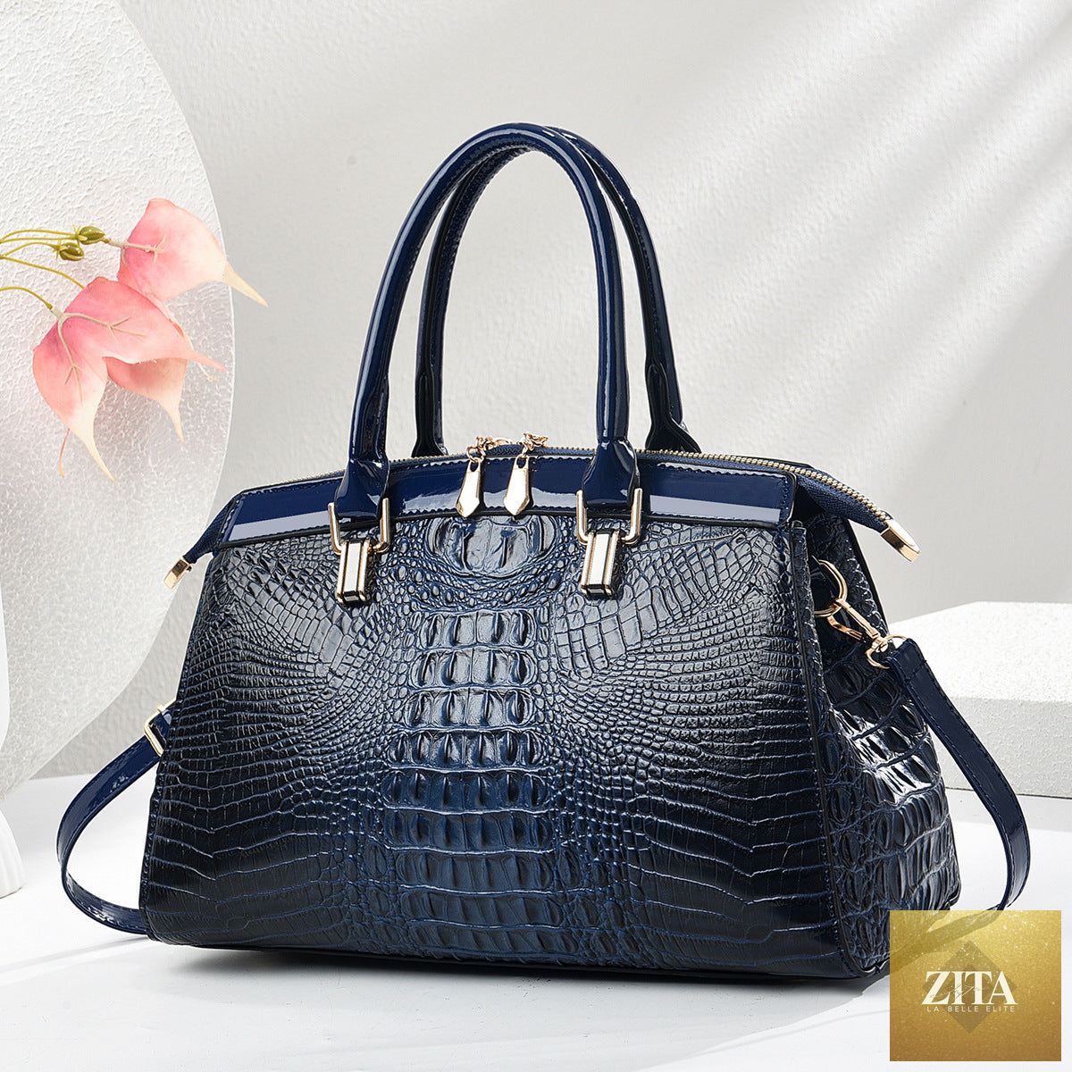 Elegant genuine leather commuter handbag with patent leather finish, large capacity, in European and American style design.