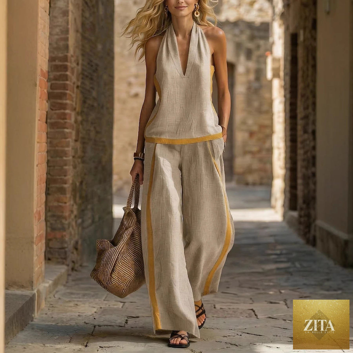 Women’s sleeveless vest and wide-leg pants casualwear set by Zita La Belle Elite, featuring contrast colors and comfortable fit.