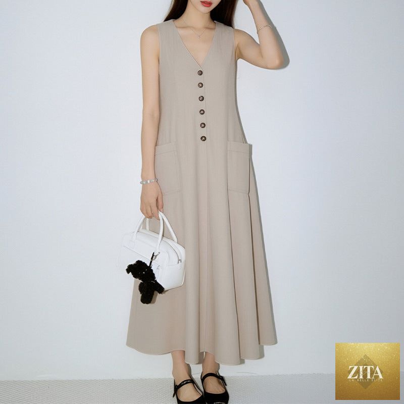 Women's FitiqueFit V-neck sleeveless pencil dress with button-up front, perfect casualwear for a stylish, comfortable look.