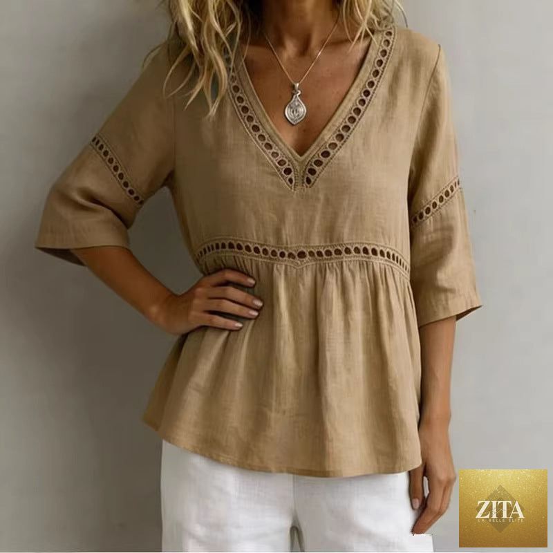 Women's V-neck cotton-linen top with hollow-out fringe details, casualwear by Zita La Belle Elite, shown in a relaxed fit.