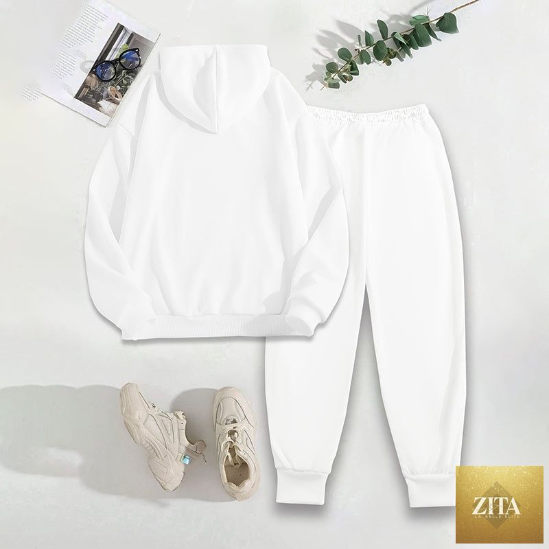 Women's solid two-piece hoodie set with letter print and front pocket by FitiqueFit, featuring a comfortable hoodie and matching pants.