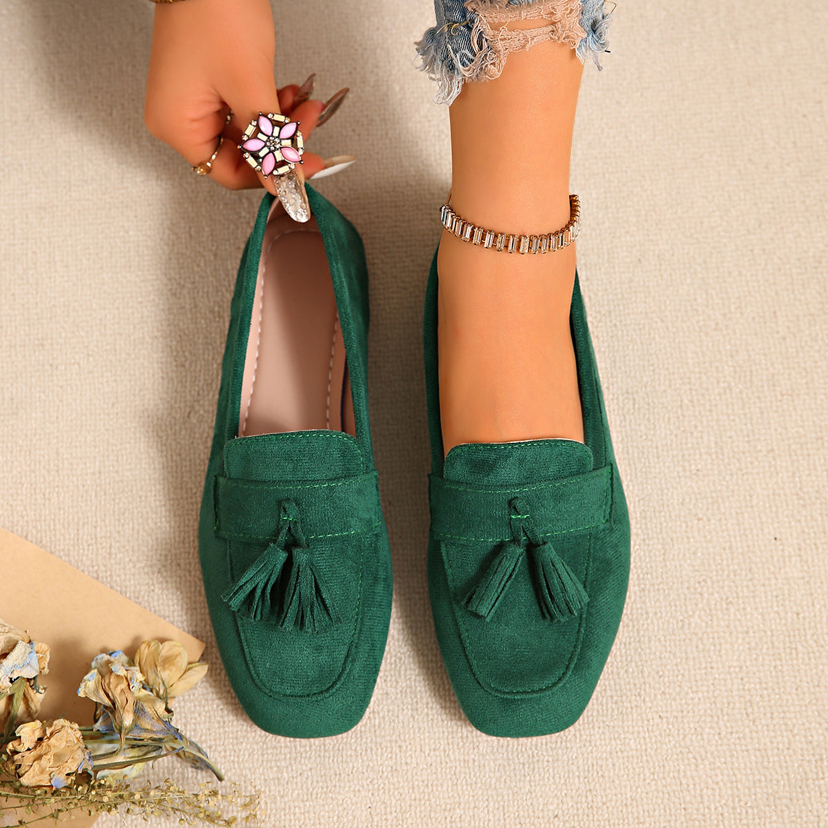 Women's suede square toe tassel slip-on loafers by FitiqueFit, featuring a casual flat design with tassel details.