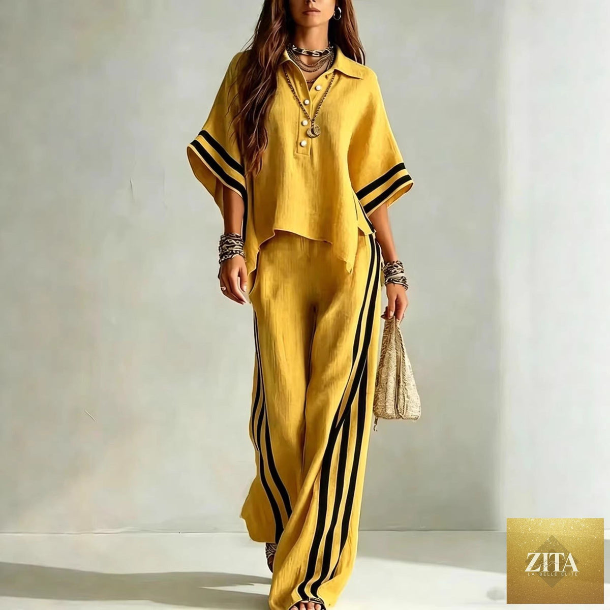 Zita La Belle Elite women's short-sleeve shirt and loose pants two-piece set, light fabric, casual style, front view.