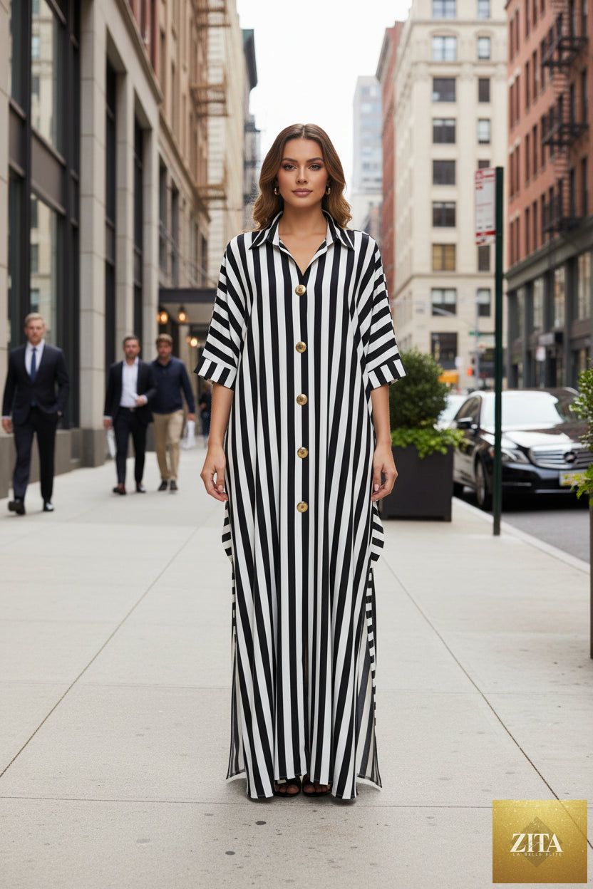 African-inspired striped loose long dress by FitiqueFit in one size, featuring vibrant multicolor stripes and flowing fabric.