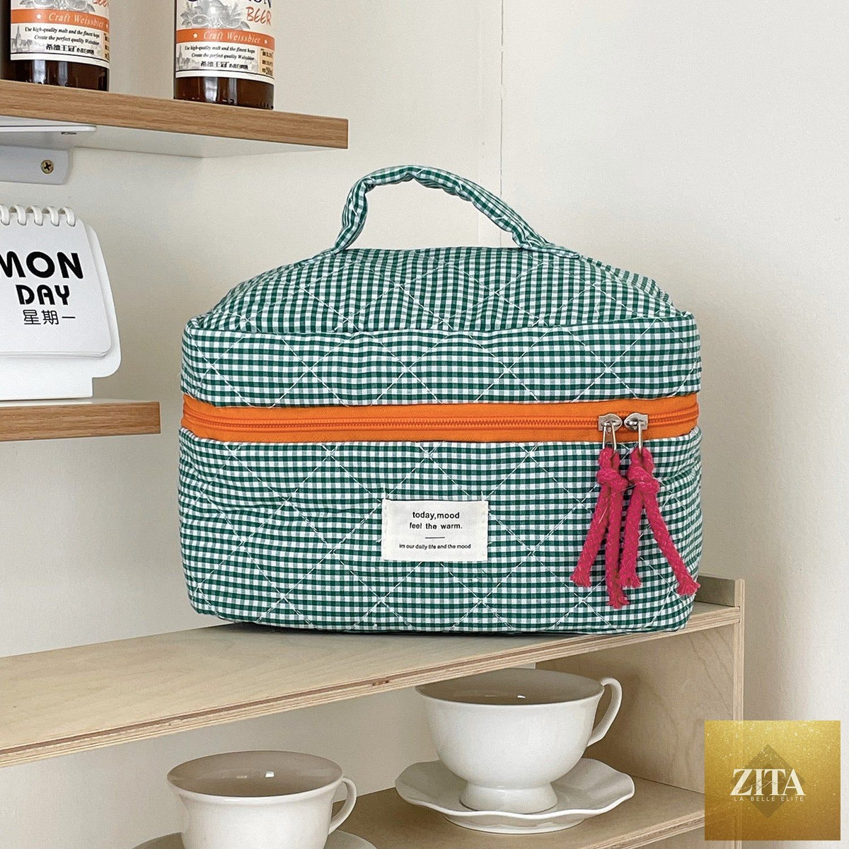 Portable toiletries organizer by Social Buzz eSIMs, compact travel case with multiple compartments for toiletries and personal items.