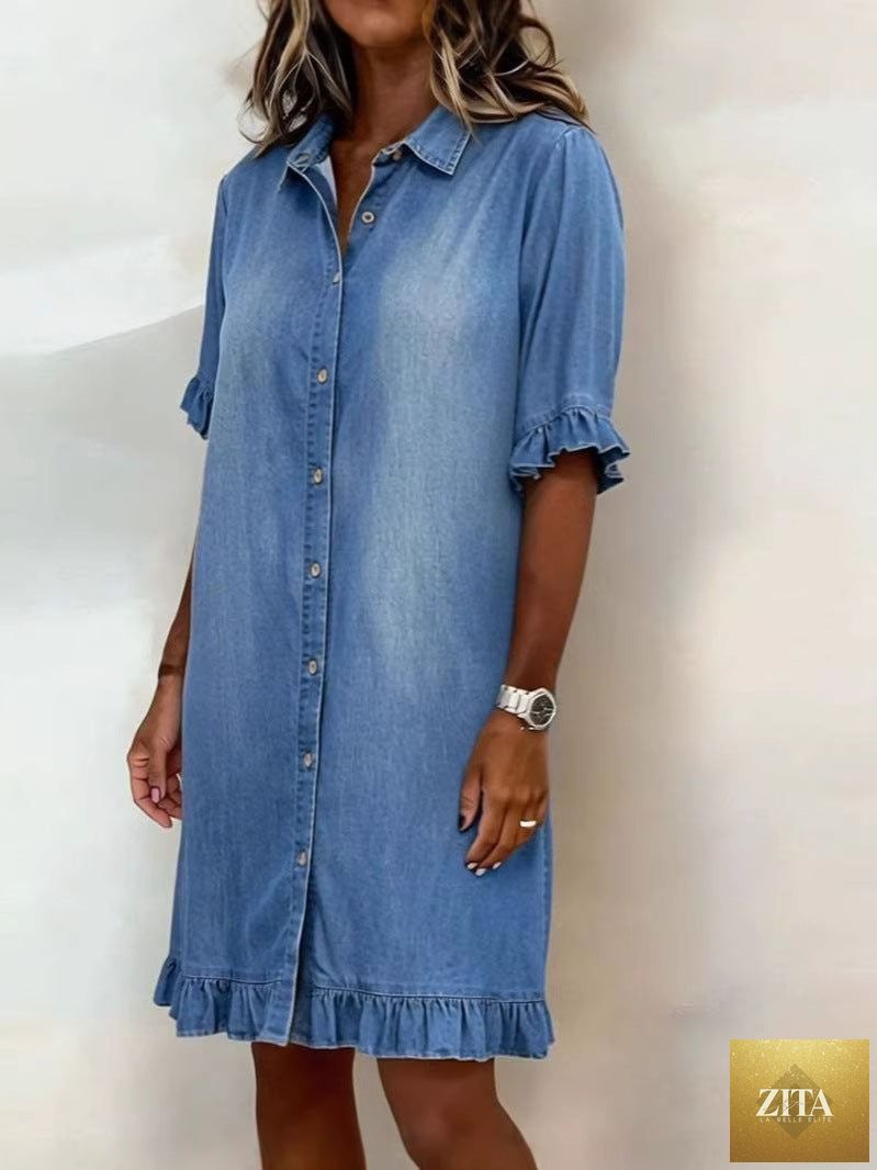Women's faux denim ruffle-sleeve shirt dress by Zita La Belle Elite, casualwear with ruffle details and a relaxed fit.