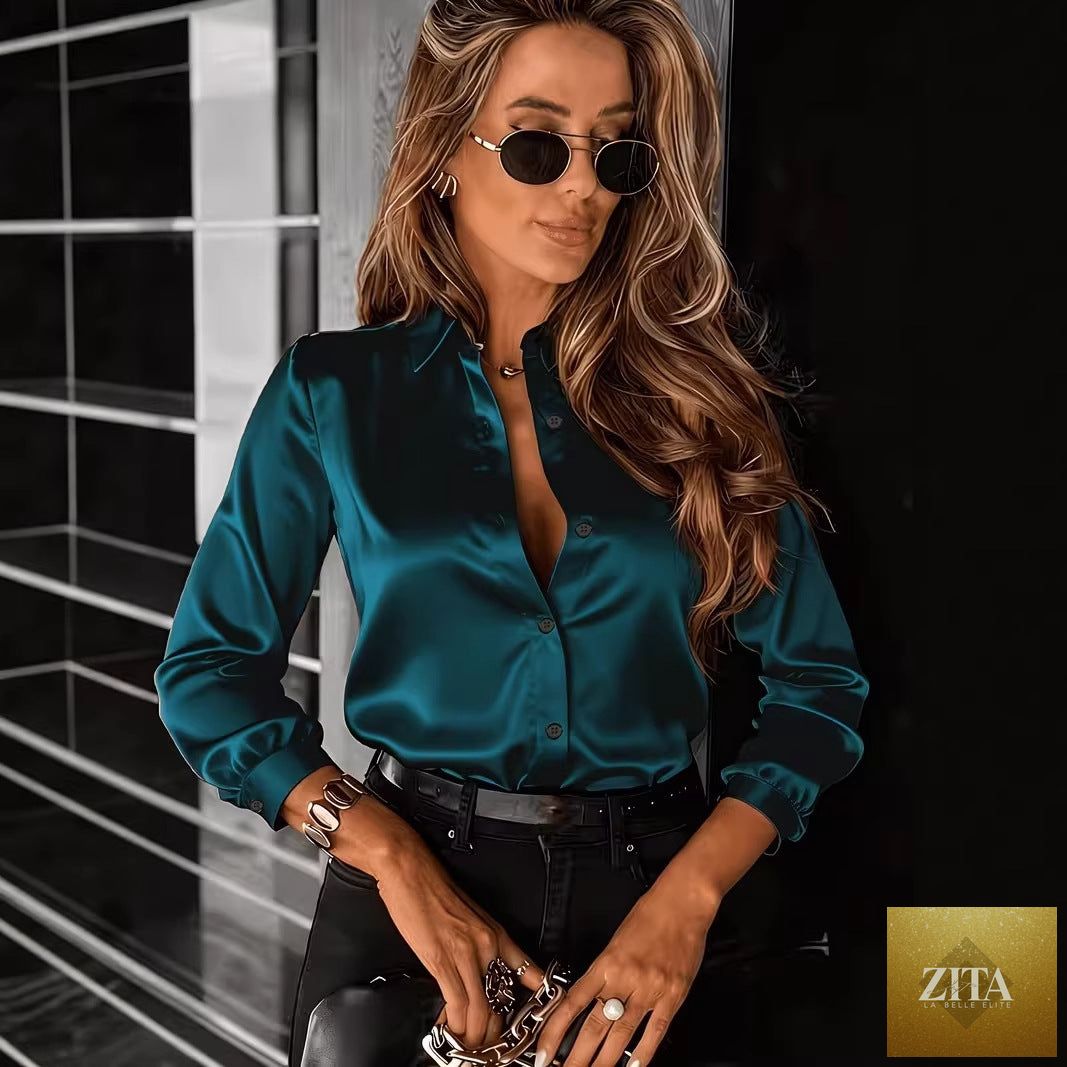 Women's satin lapel shirt with long sleeves from Zita La Belle Elite, featuring a drapey fit and casual style.