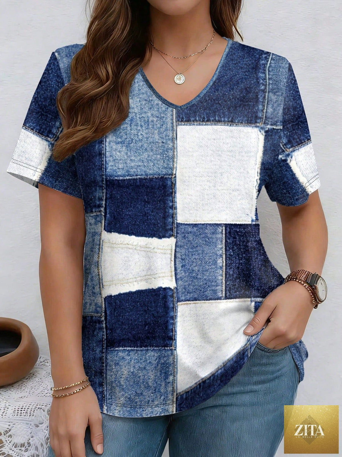 Zita La Belle Elite V-neck denim print short sleeve casual T-shirt with a loose fit, perfect for relaxed, everyday wear.