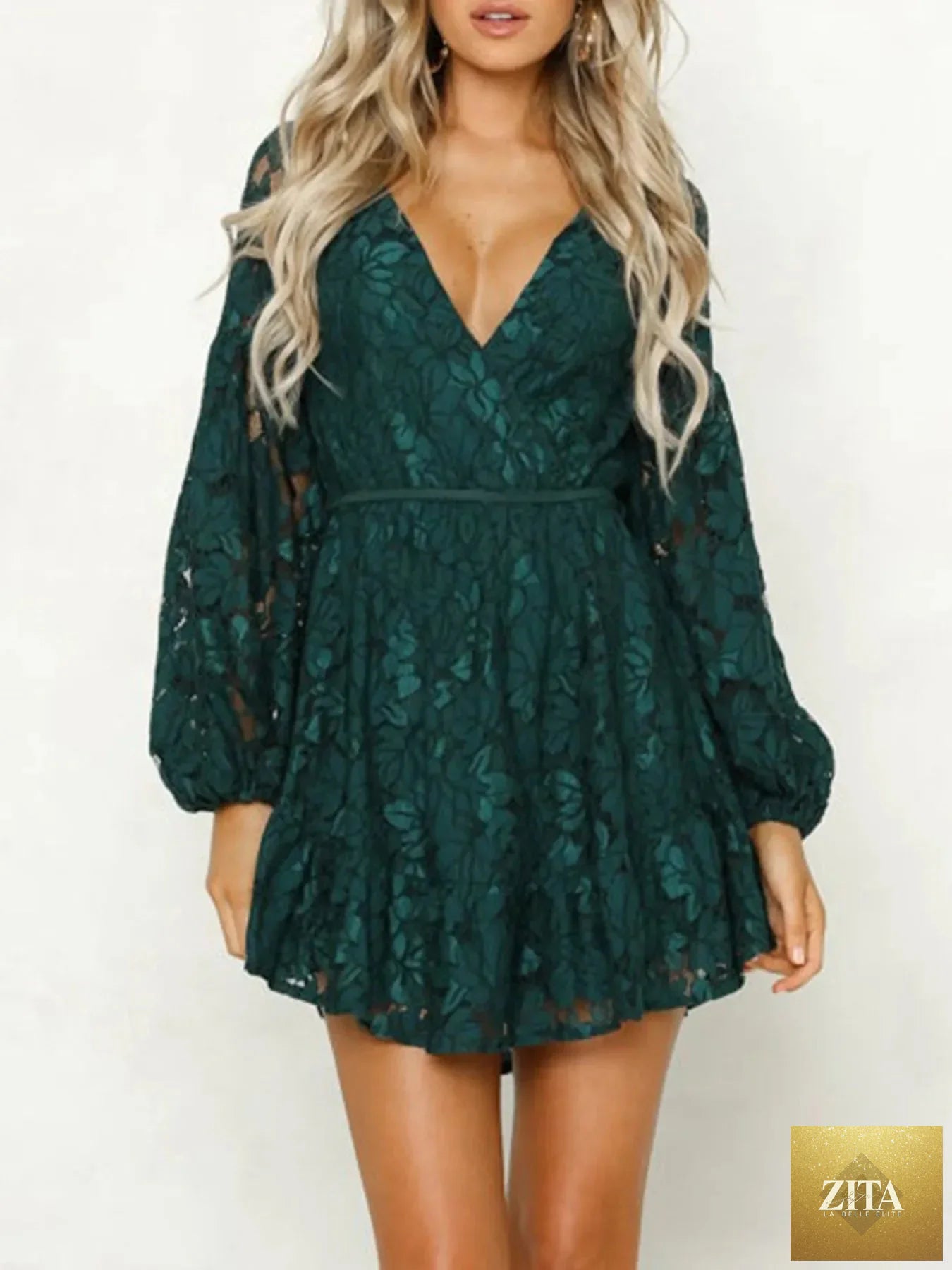 Lace V-neck long sleeve mini dress from Shopiebay featuring intricate lace fabric and a fitted silhouette.