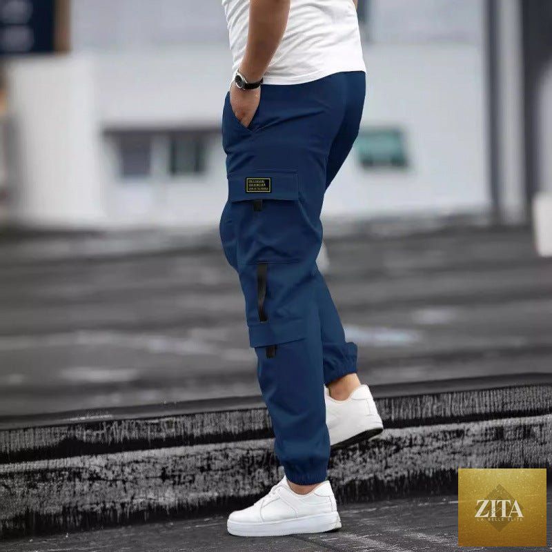 Mandotos men's retro jogger casual work pants with relaxed fit, featuring elastic waistband and tapered legs.