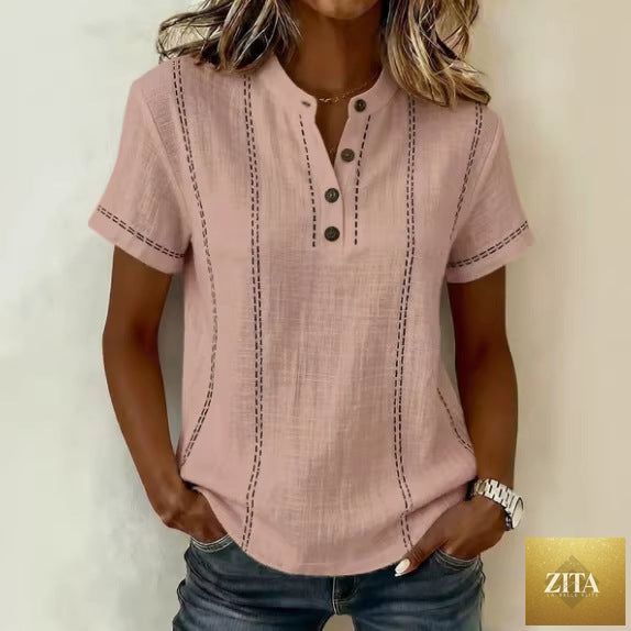 LadyShow.Store summer striped short-sleeve shirt with casual stand collar, V-neck, and button blouse for women.