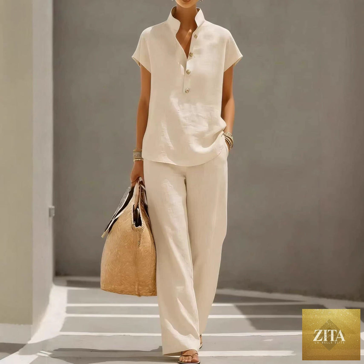 Zita La Belle Elite three-piece set with solid cardigan, short sleeve top, and pants for casual lounge wear.