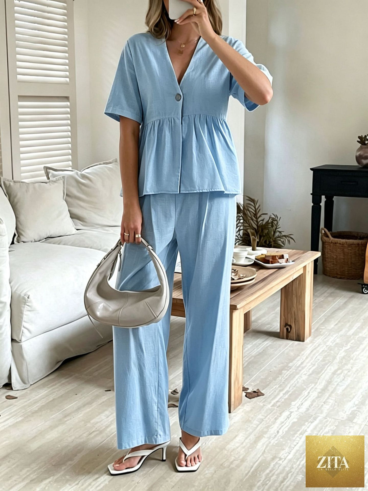 Zita La Belle Elite women's casual V-neck short-sleeve top and wide-leg pants set, relaxed fit, in soft fabric.