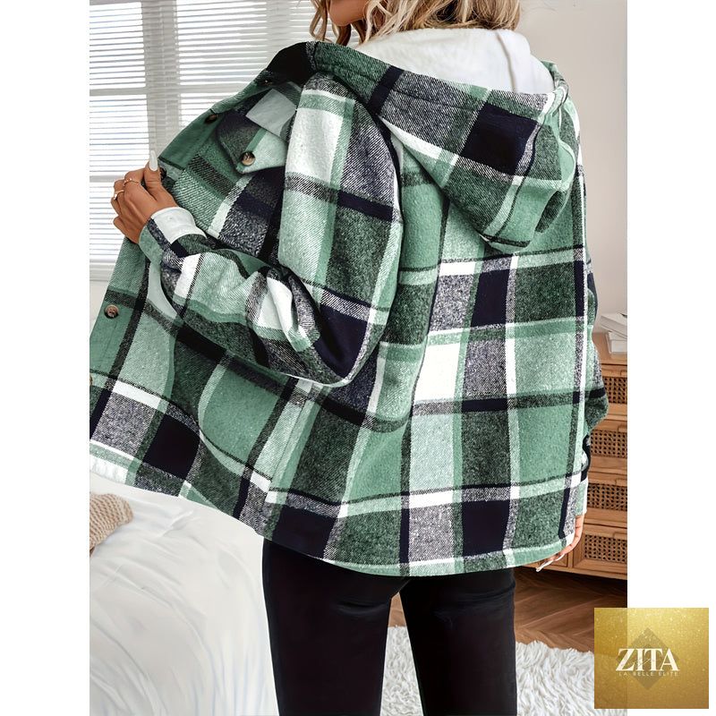 Women's plaid fleece-lined hooded jacket by FitiqueFit, showing the cozy fleece interior and classic plaid exterior.