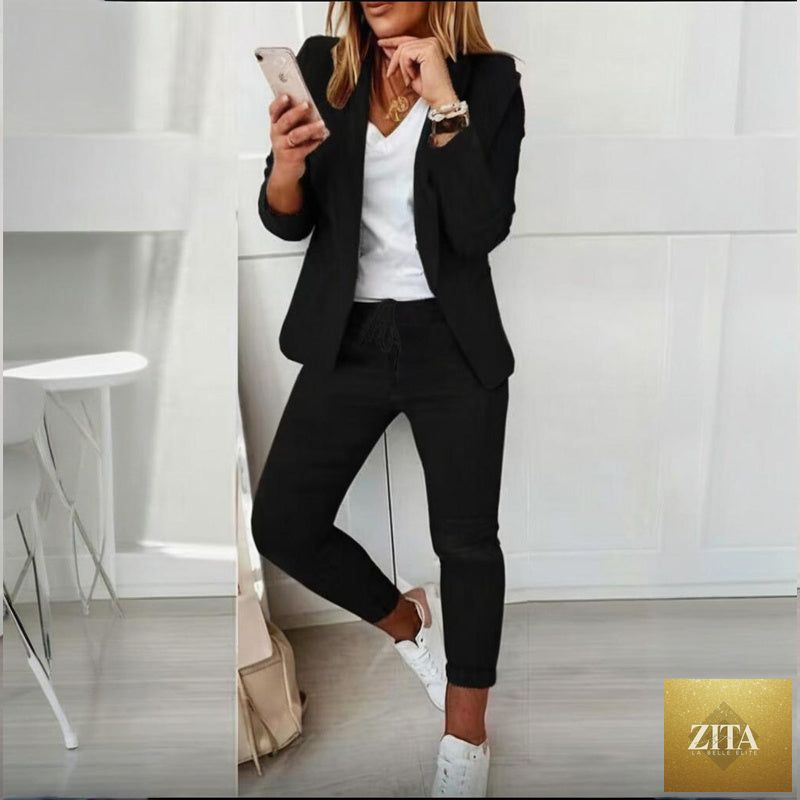 Women’s casual blazer and drawstring pants suit set by FitiqueFit, featuring a notch-lapel blazer and matching relaxed pants.