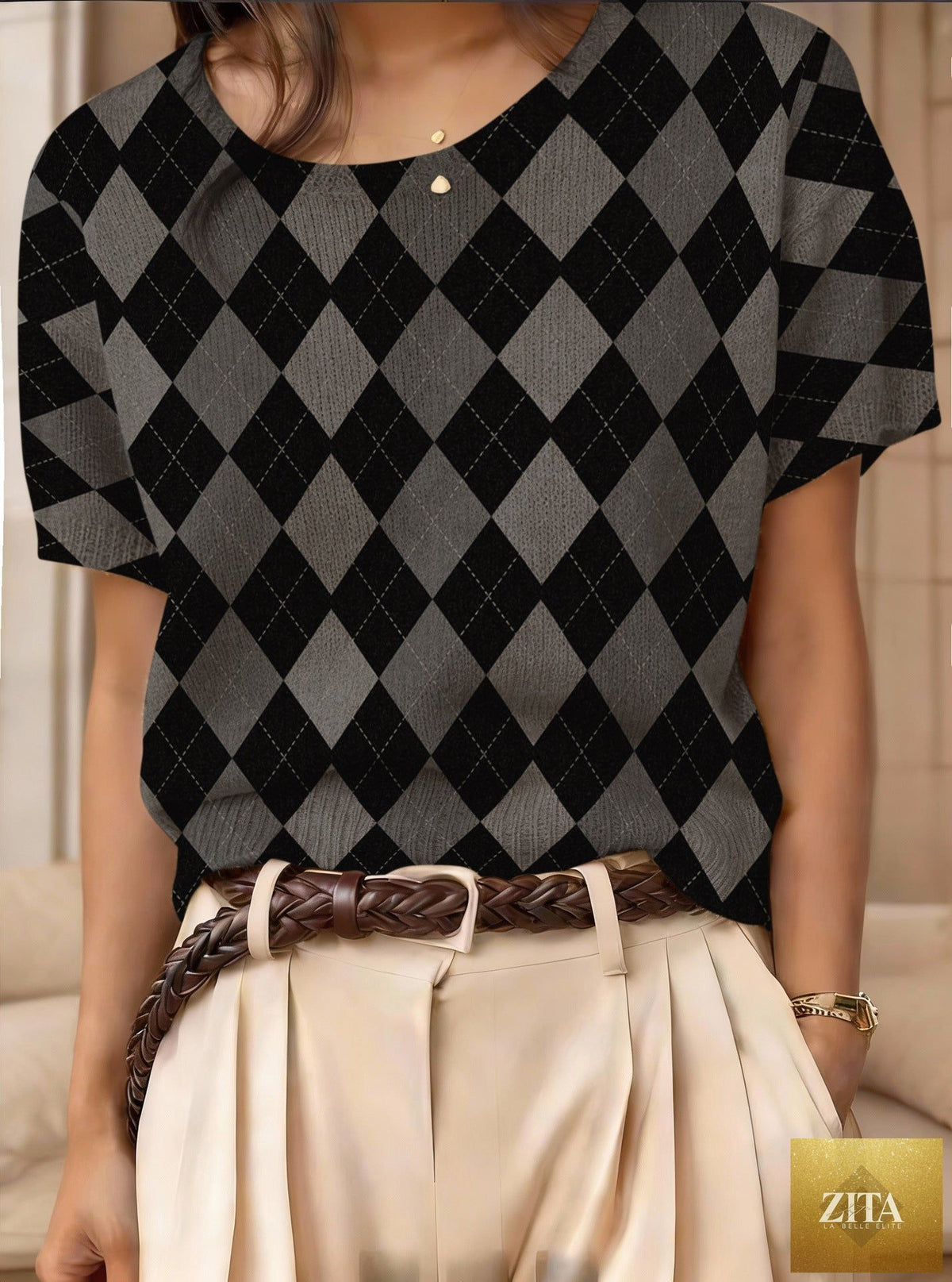 Women's retro short-sleeve jacquard knit top from Zita La Belle Elite, showcasing a stylish casualwear design with intricate knit pattern.