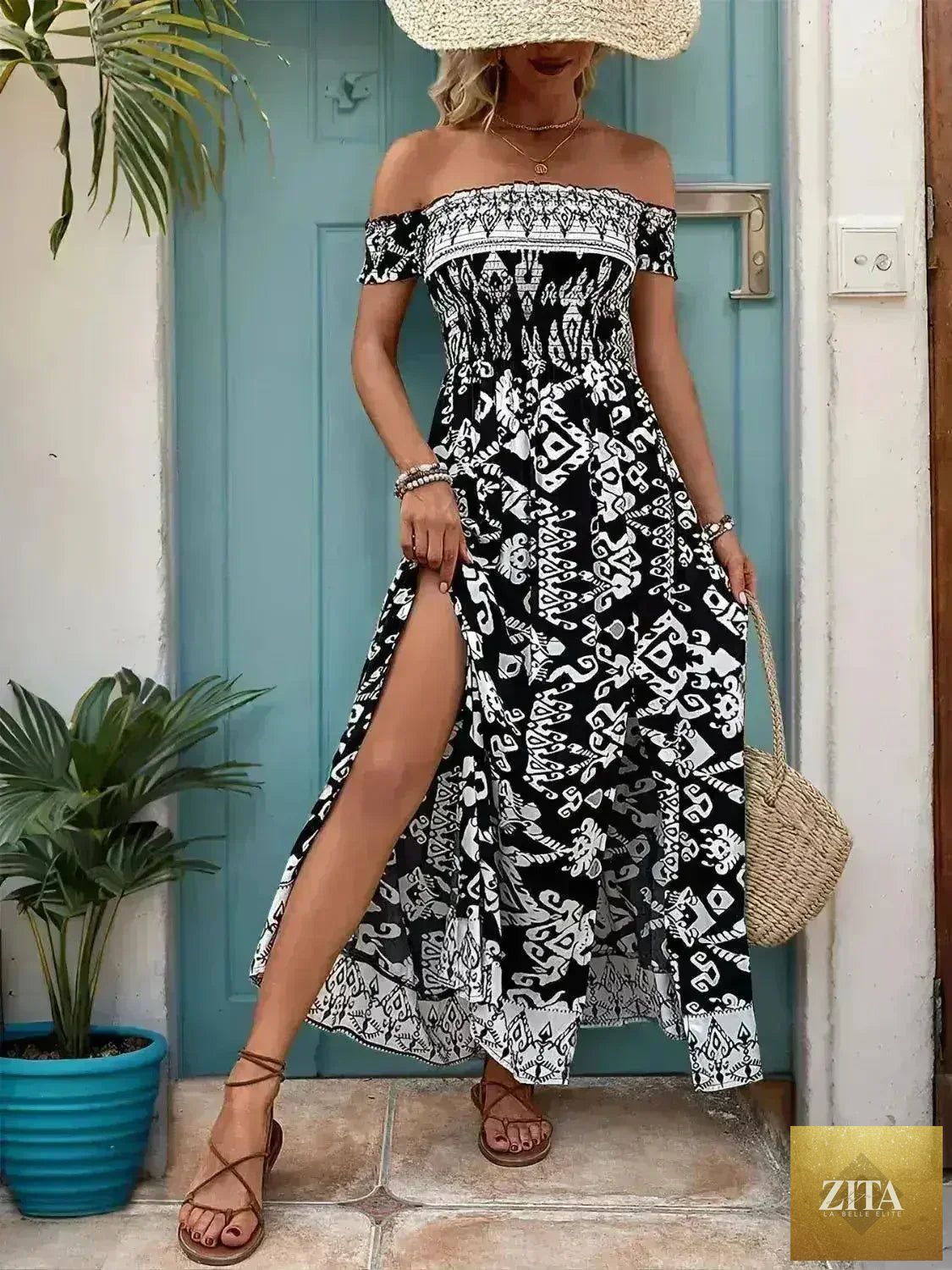 Flowy off-shoulder slit dress by Femstylo, featuring a relaxed fit and lightweight viscose fabric for a stylish, breezy look.
