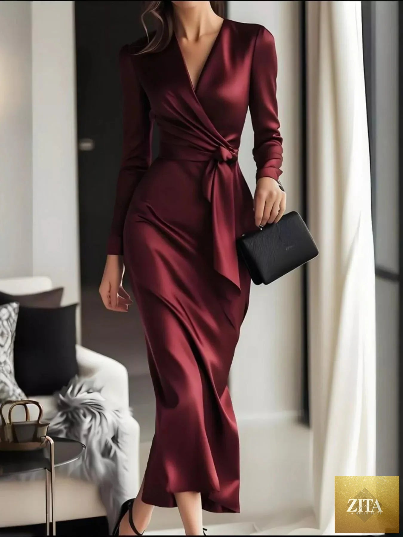 Elegant satin surplice long sleeve dress by Shopiebay featuring a flowing design and flattering fit, perfect for formal occasions.