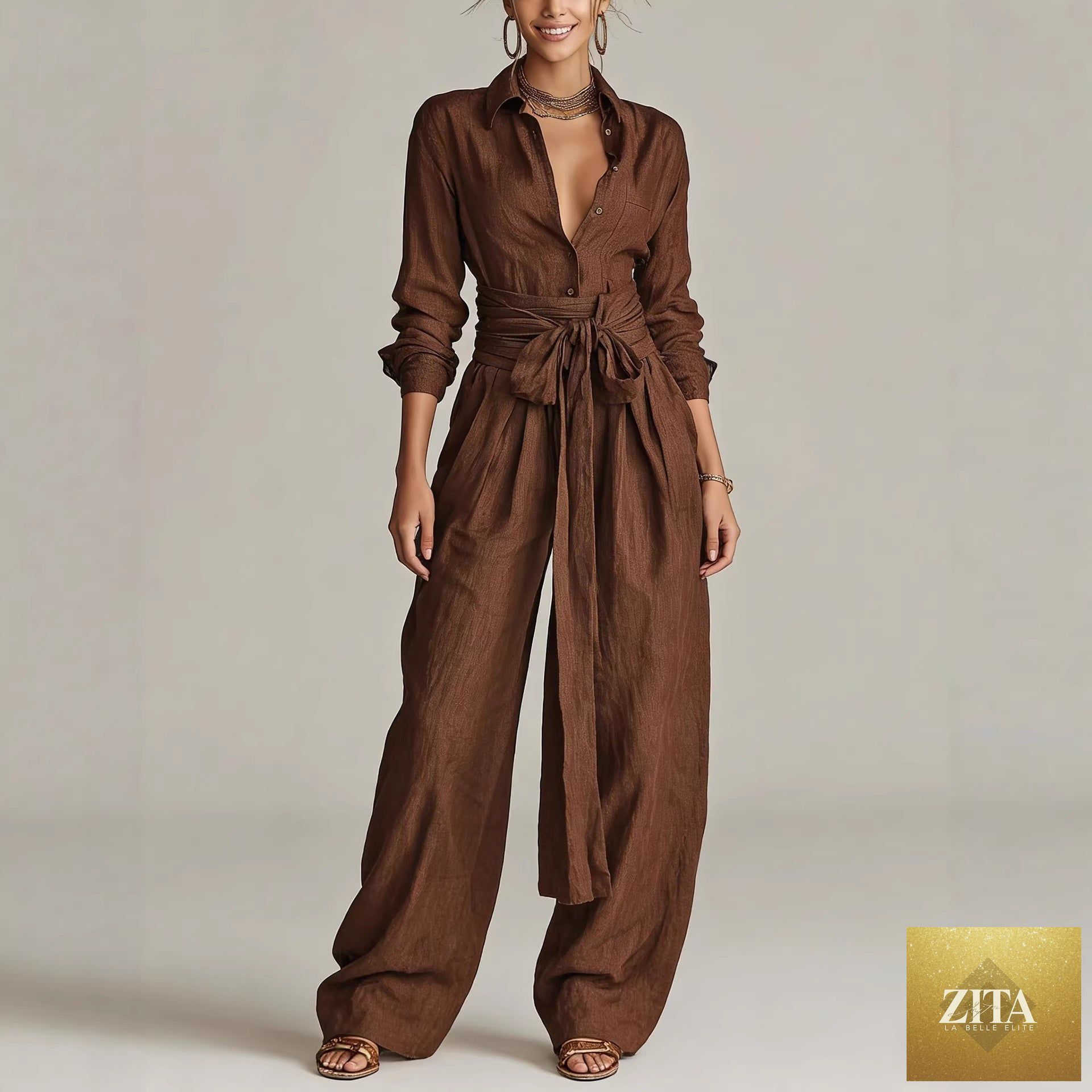 Women's linen long sleeve shirt and high-waist wide-leg pants set with tie belt by MERIDGE, featuring a relaxed fit and neutral tones.
