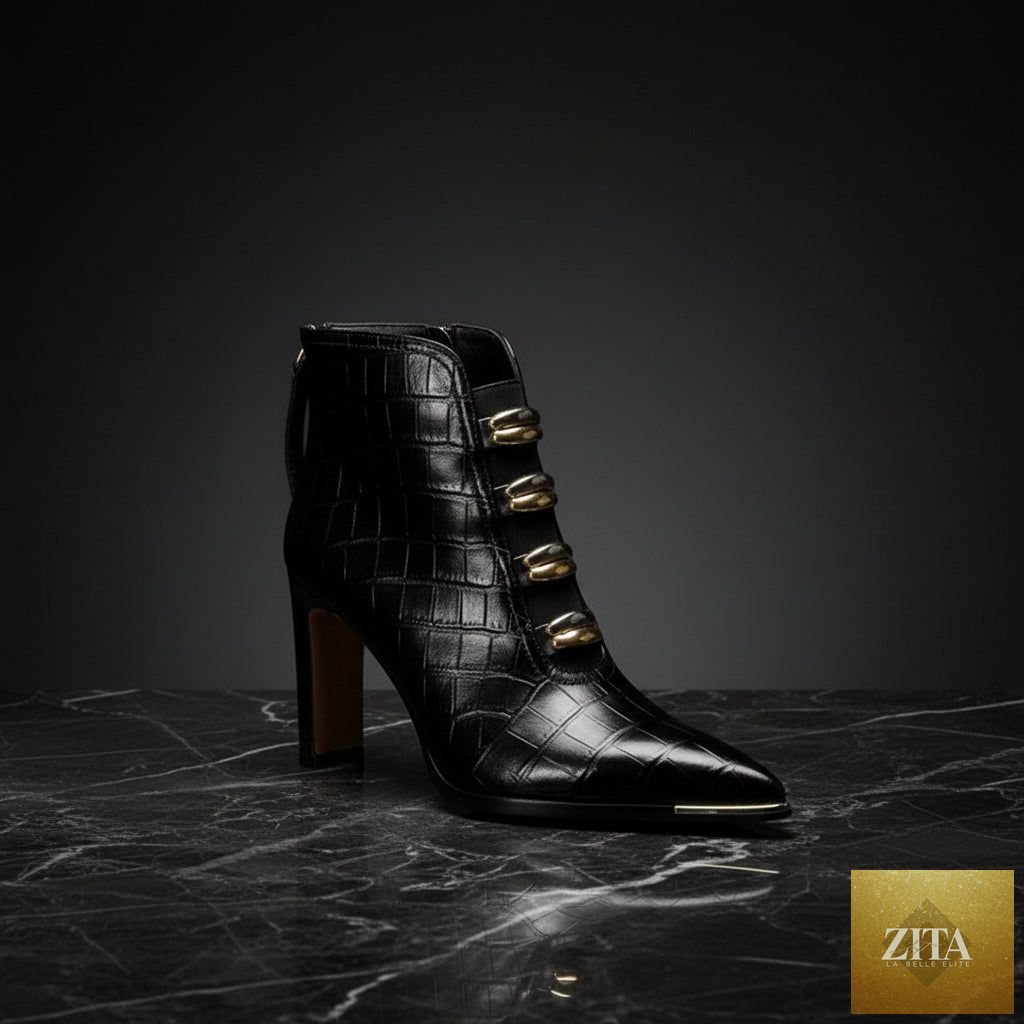 Women's satin pointed toe chunky heel short boots by FitiqueFit featuring an ultra high heel and sleek design.