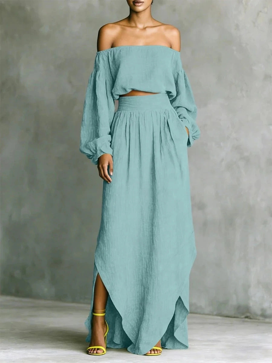 FitiqueFit women's off-shoulder top and asymmetrical maxi skirt set, casualwear, showing the stylish two-piece outfit.