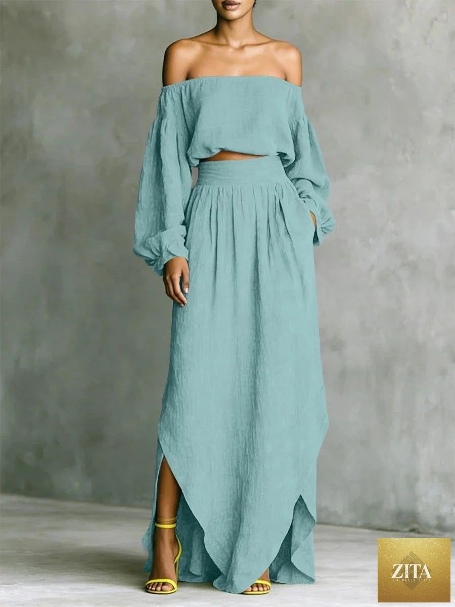 Zita La Belle Elite women's off-shoulder top and asymmetrical maxi skirt set, casualwear two-piece outfit in soft fabric.