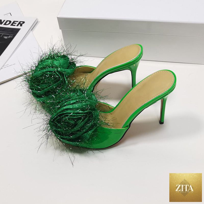 Elegant LadyShow.Store black one-foot high-heeled banquet shoes with pointed toes and sleek design.