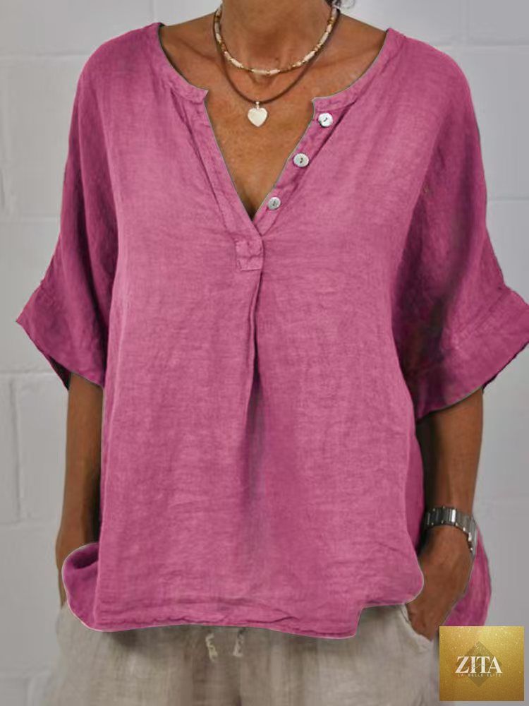 Women's cotton linen V-neck button-up shirt by Zita La Belle Elite, featuring a relaxed fit and casual style, light and breathable fabric.