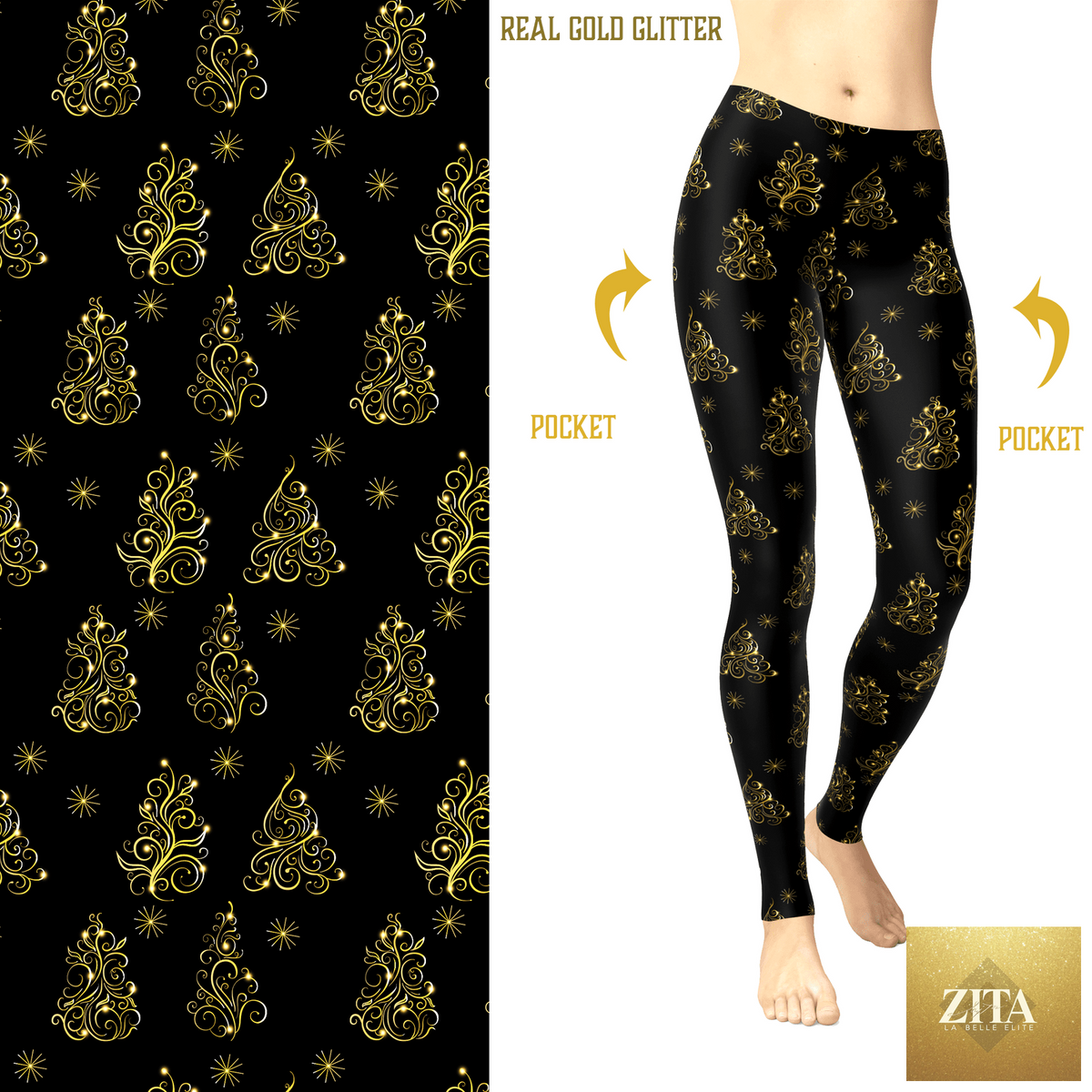 Black and gold Christmas tree leggings with pockets from MM, featuring festive holiday tree patterns and comfortable apparel design.
