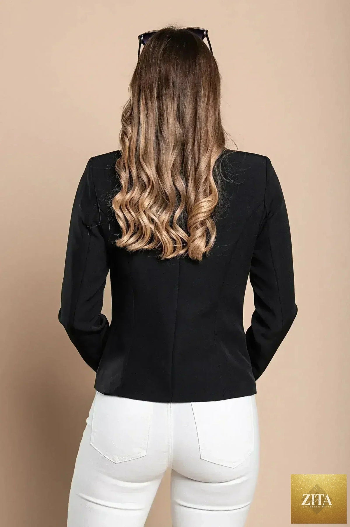 Black Softina blazer by Femstylo, tailored Italian fit, showing the sleek blazer with lapels and structured design.