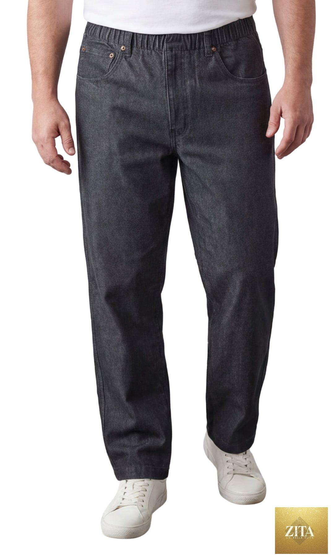 Men’s black lightweight casual elastic waist pull-on jeans by Turtle Bay Apparel, front view showing denim twill fabric and easy fit design.