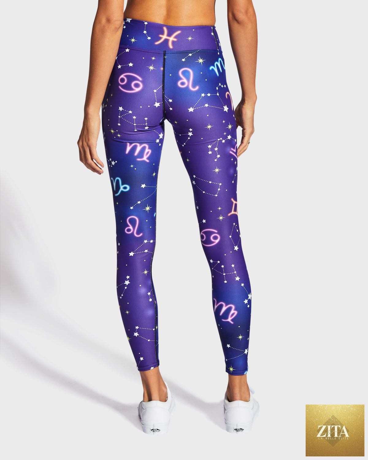 RUFFHAUS NYC Zodiac Drip Yoga Leggings showing vibrant, artistic patterns and comfortable fit for active wear.