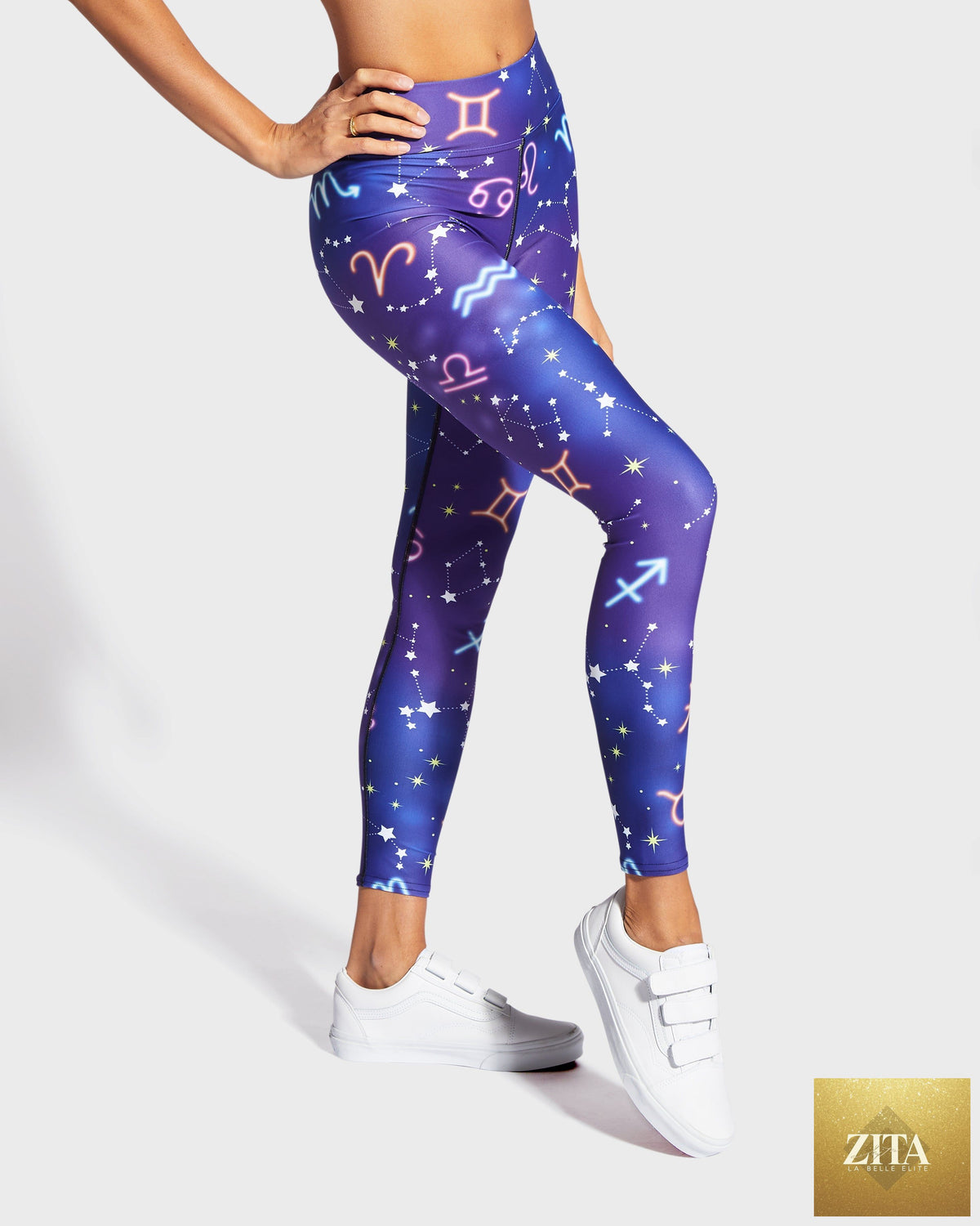 RUFFHAUS NYC Zodiac Drip yoga leggings with colorful abstract pattern, designed for comfortable active wear.