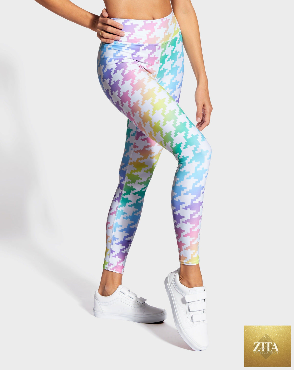 Rainbowtooth yoga leggings by RUFFHAUS NYC featuring colorful rainbow tooth pattern and comfortable stretch fabric.