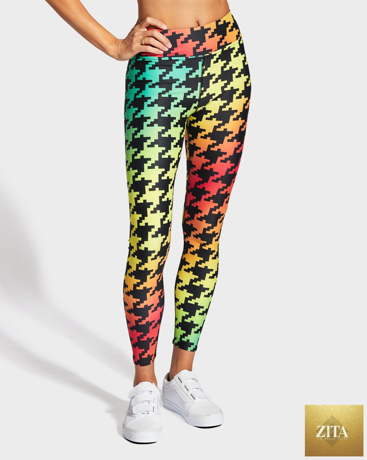 Ruffhaus NYC Bless Up yoga leggings in black with a high waistband and subtle logo detail, designed for comfortable active wear.