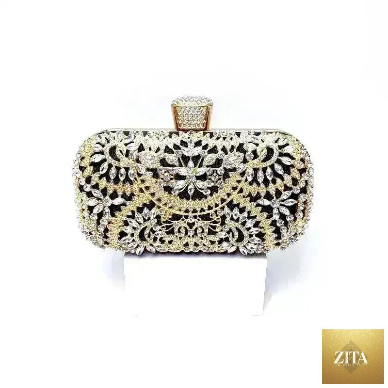 Femstylo floral diamond clutch bag for women, elegant gold evening handbag with chain strap, perfect for weddings and parties.
