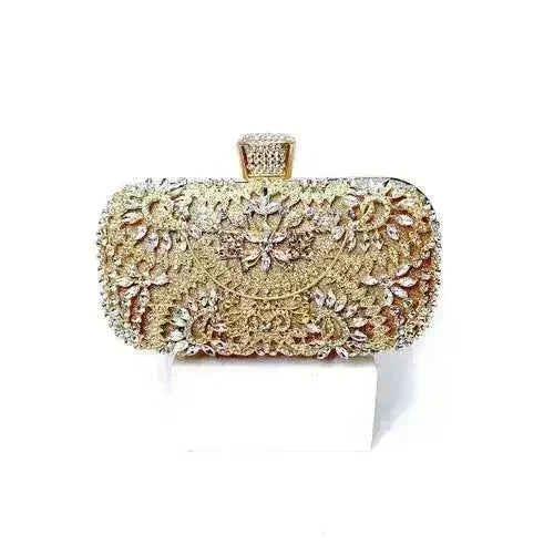 Femstylo floral diamond clutch bag for women, golden mini evening purse with chain for wedding and party occasions.