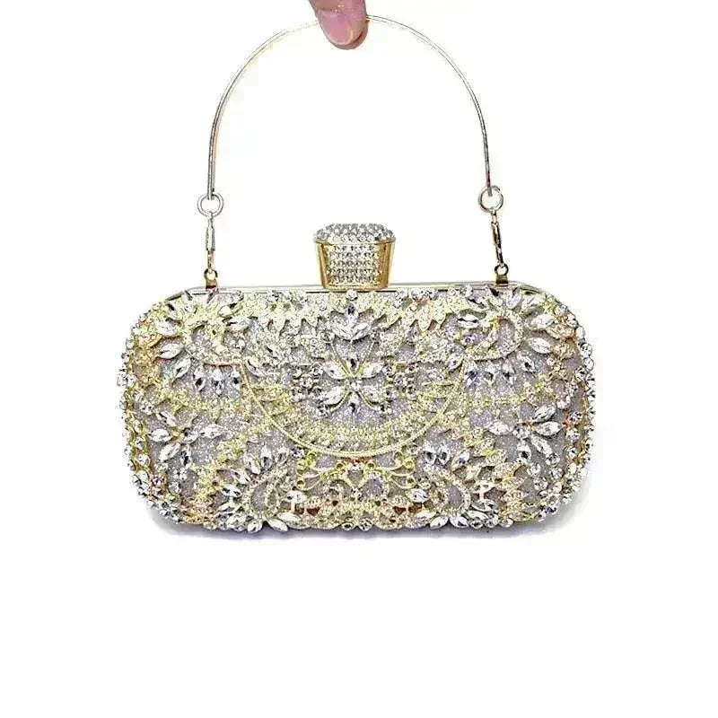Gold floral diamond clutch bag by Femstylo, evening wedding purse with chain strap and elegant design for parties and special occasions.