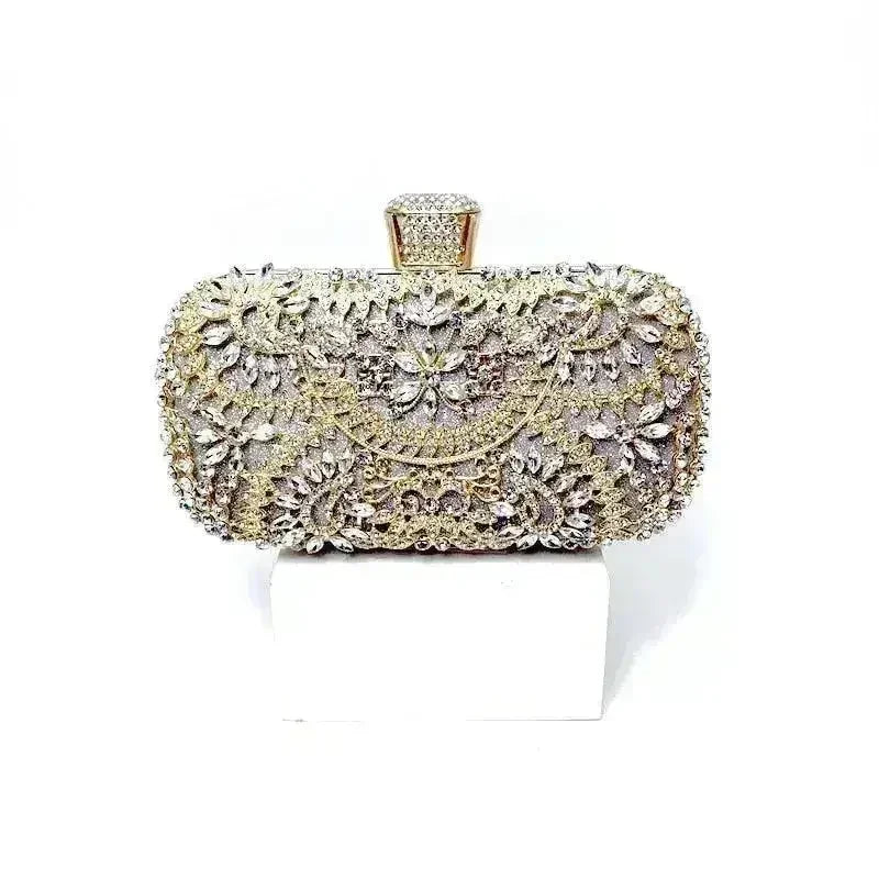Gold floral diamond clutch bag by Femstylo, elegant evening purse with chain strap, perfect for weddings and parties.