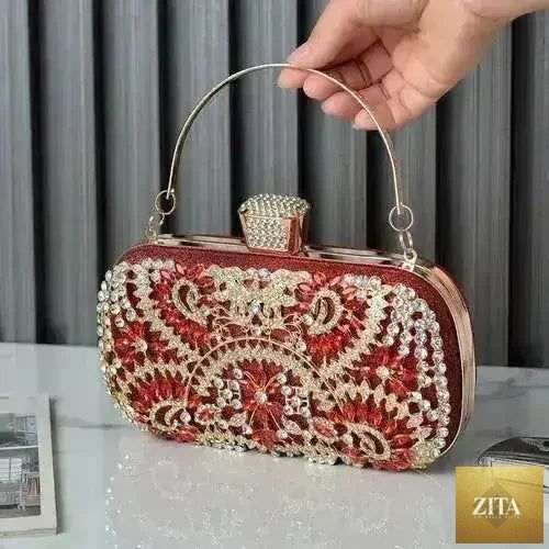 Femstylo floral diamond clutch bag with gold finish, featuring a chain shoulder strap and elegant design for wedding and evening events.