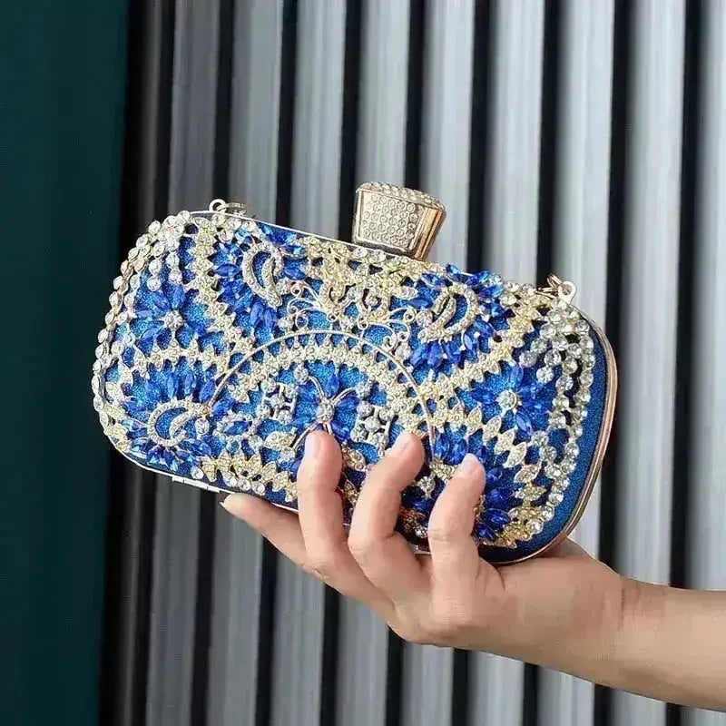 Femstylo floral diamond clutch bag for women, gold evening handbag with chain strap, perfect for weddings and parties.