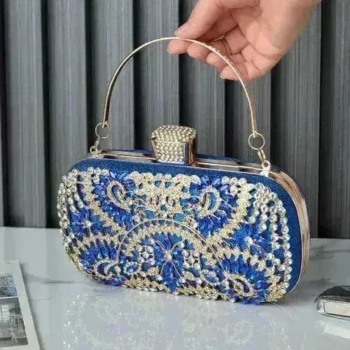 Femstylo floral diamond clutch bag for women, gold evening handbag with chain, perfect for weddings and parties.