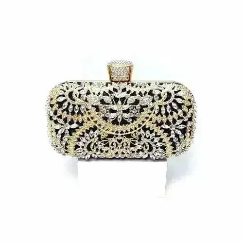 Femstylo floral diamond clutch bag with gold finish, evening handbag with chain strap, perfect for weddings and parties.