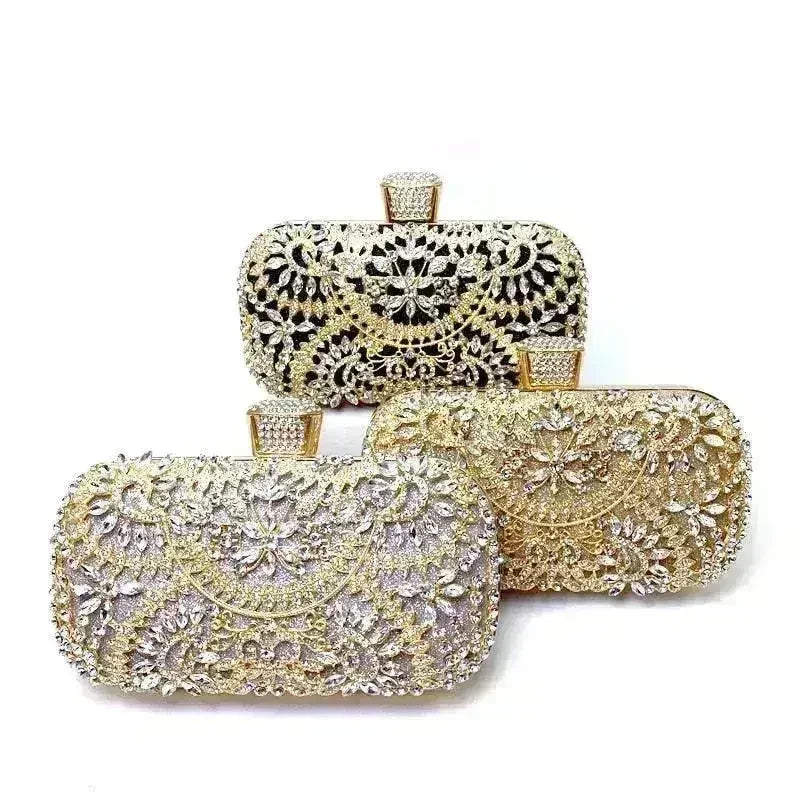 Femstylo floral diamond clutch bag, elegant gold evening purse with chain strap, perfect for weddings and parties.