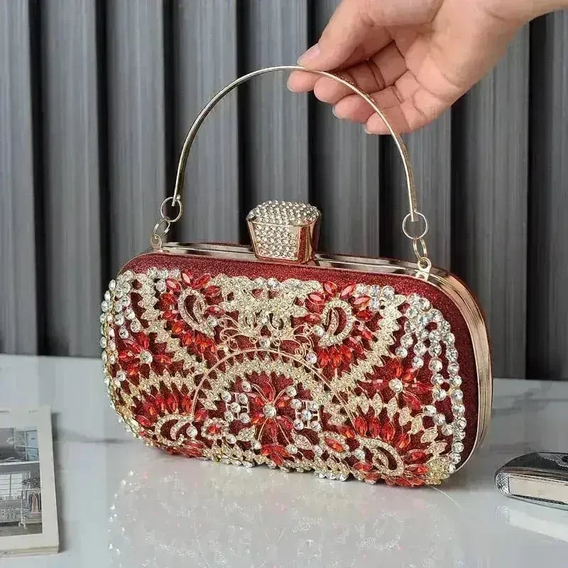 Femstylo floral diamond clutch bag for women, golden wedding and party minaudière with chain strap, elegant evening handbag.
