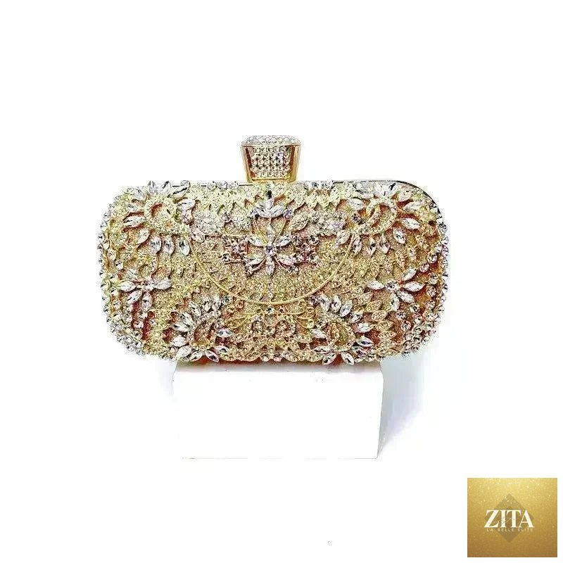 Golden floral diamond clutch bag by Femstylo, a stylish evening purse with chain strap, perfect for weddings and parties.