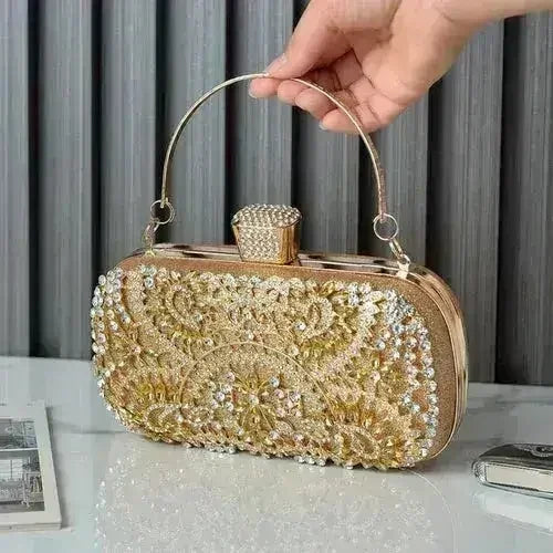 Femstylo floral diamond clutch bag featuring a gold evening design with chain shoulder strap, perfect for weddings and parties.