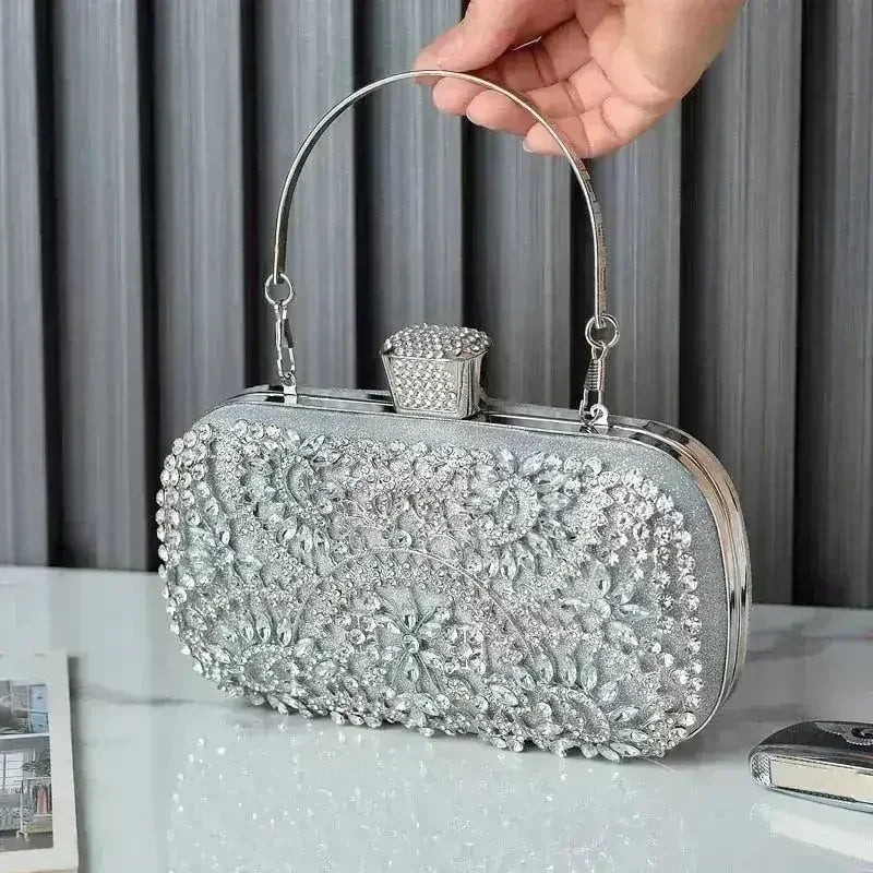 Femstylo floral diamond clutch bag for women, gold evening handbag with chain strap, perfect for weddings and parties.