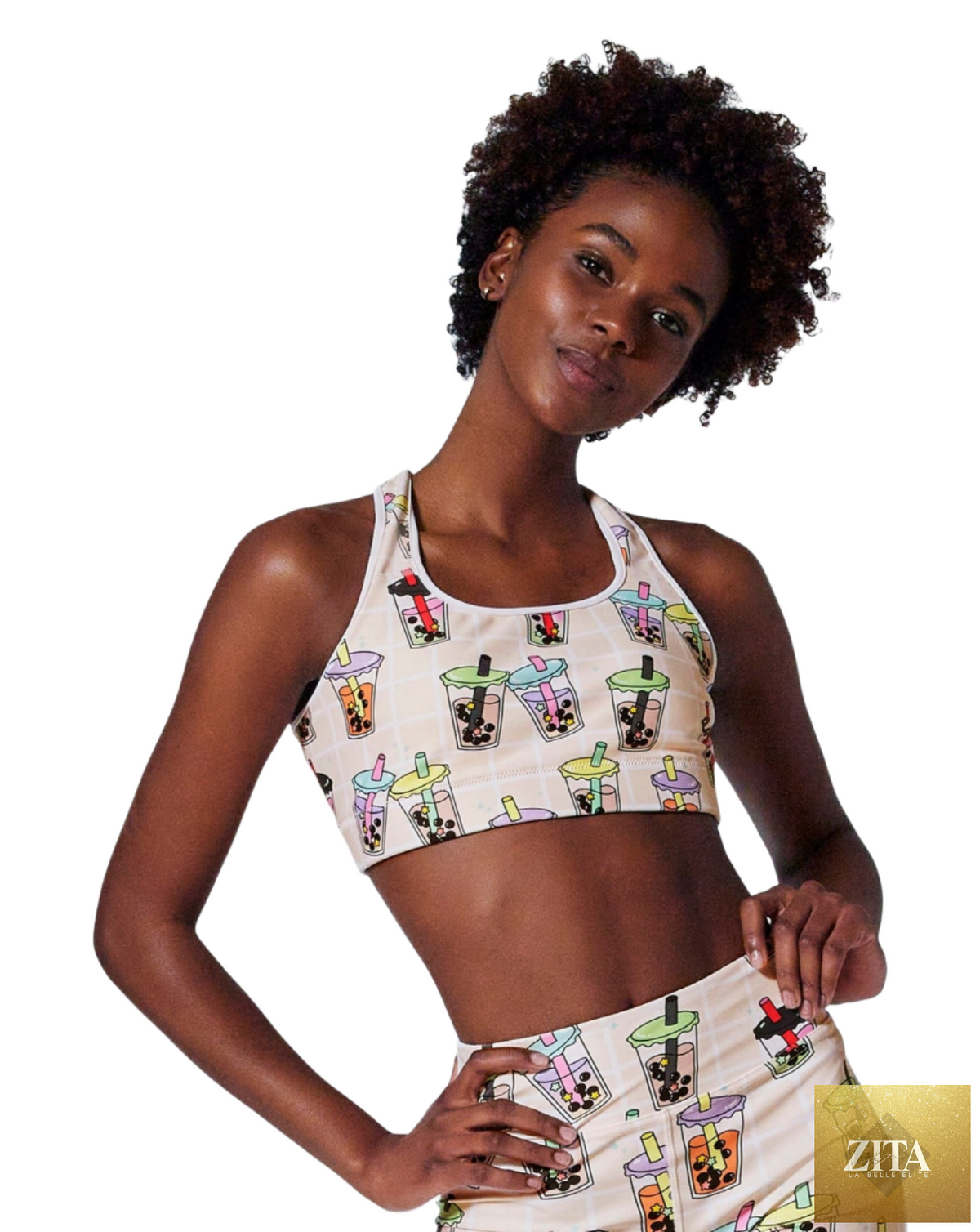 RUFFHAUS NYC Boba Time sports bra with colorful, playful design, supportive fit, ideal for activewear and workouts.